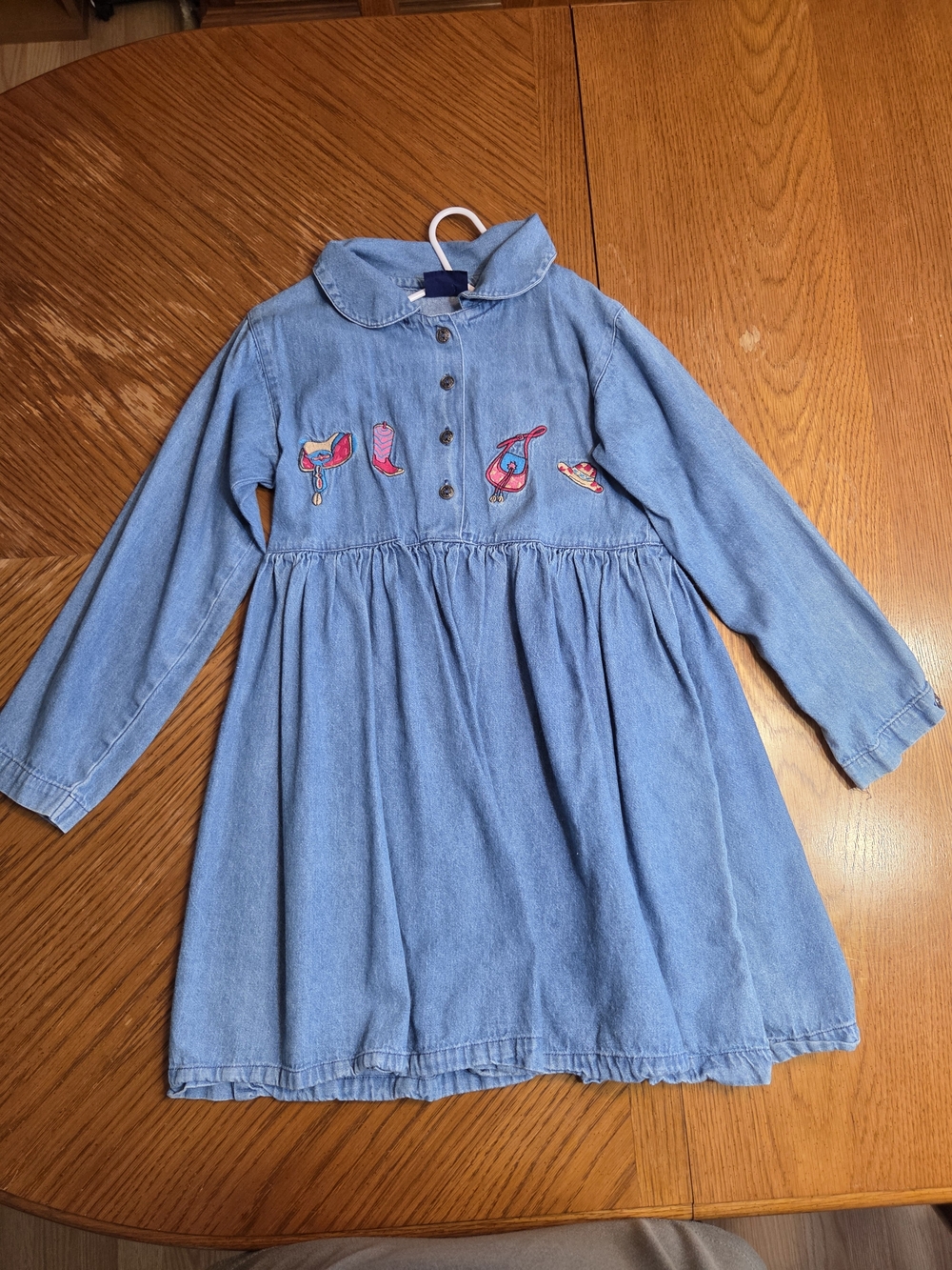 Light Blue Denim Dress with Pink and Red Embroidered Shoes